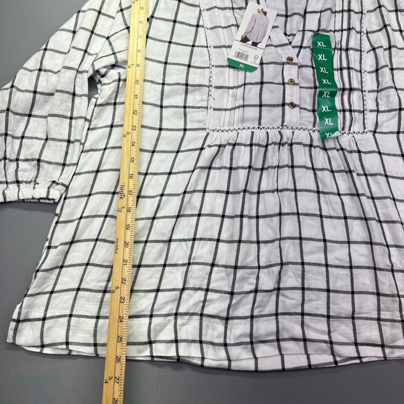 Wrangler Plaid Peasant Top 3/4 Sleeve Button Up Blouse‎ White Black XL Boho - Picture 2 of 7